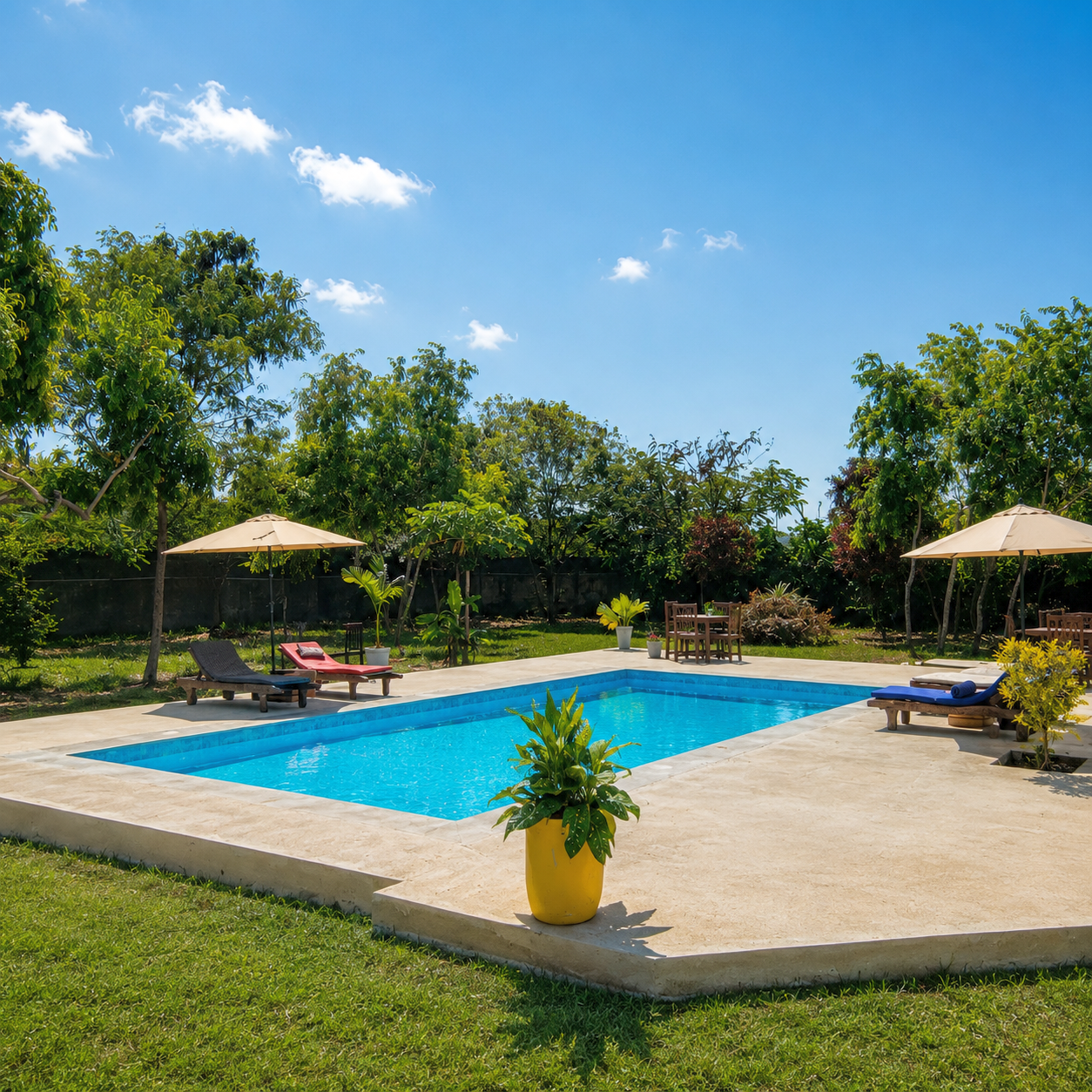 Swimming pool and garden terrace at Diamond Coast Villa & Apartments, Paje, Zanzibar